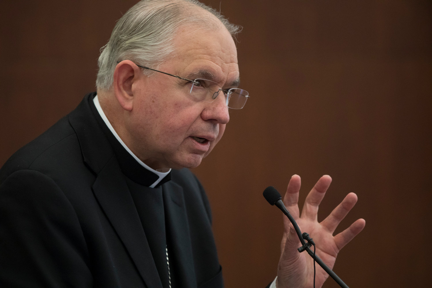 Archbishop Jose H. Gomez of Los Angeles speaks during a lecture at The Catholic University of America in Washington Feb. 6, 2019. The Los Angeles Archdiocese and five other California dioceses, Fresno, Orange, Sacramento, San Bernardino and San Diego, announced a new independent compensation program for sex abuse victims. Archbishop Gomez and the state’s other Catholic bishops also are speaking out against a bill to do away with the seal of confession in cases of abuse.